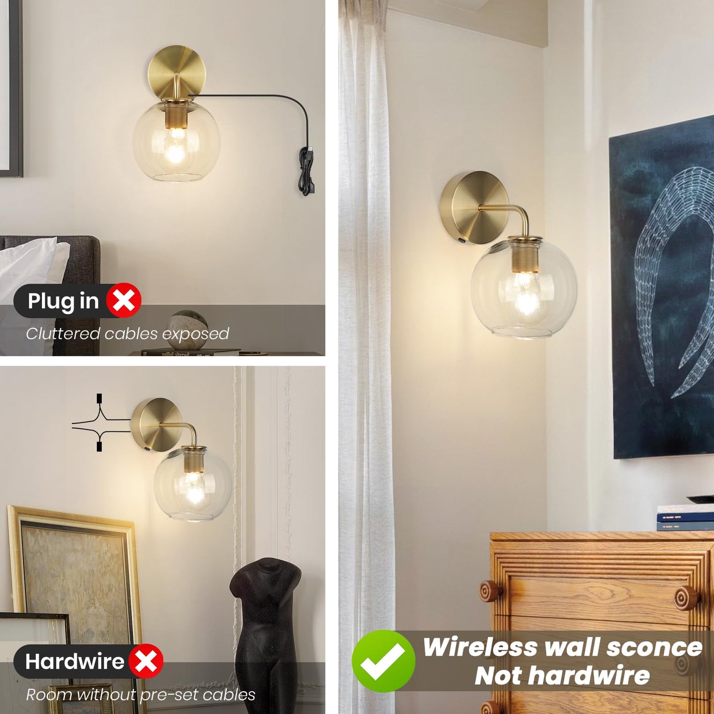 EIDEARAY Gold Vanity Wall Sconces Set of 2, Battery Operated Wall Sconces with Remote, Vintage Gold Wall Lamp with Clear Glass Shade, Industrial Metal Wall Mount Light for Bedroom, Hallway etc