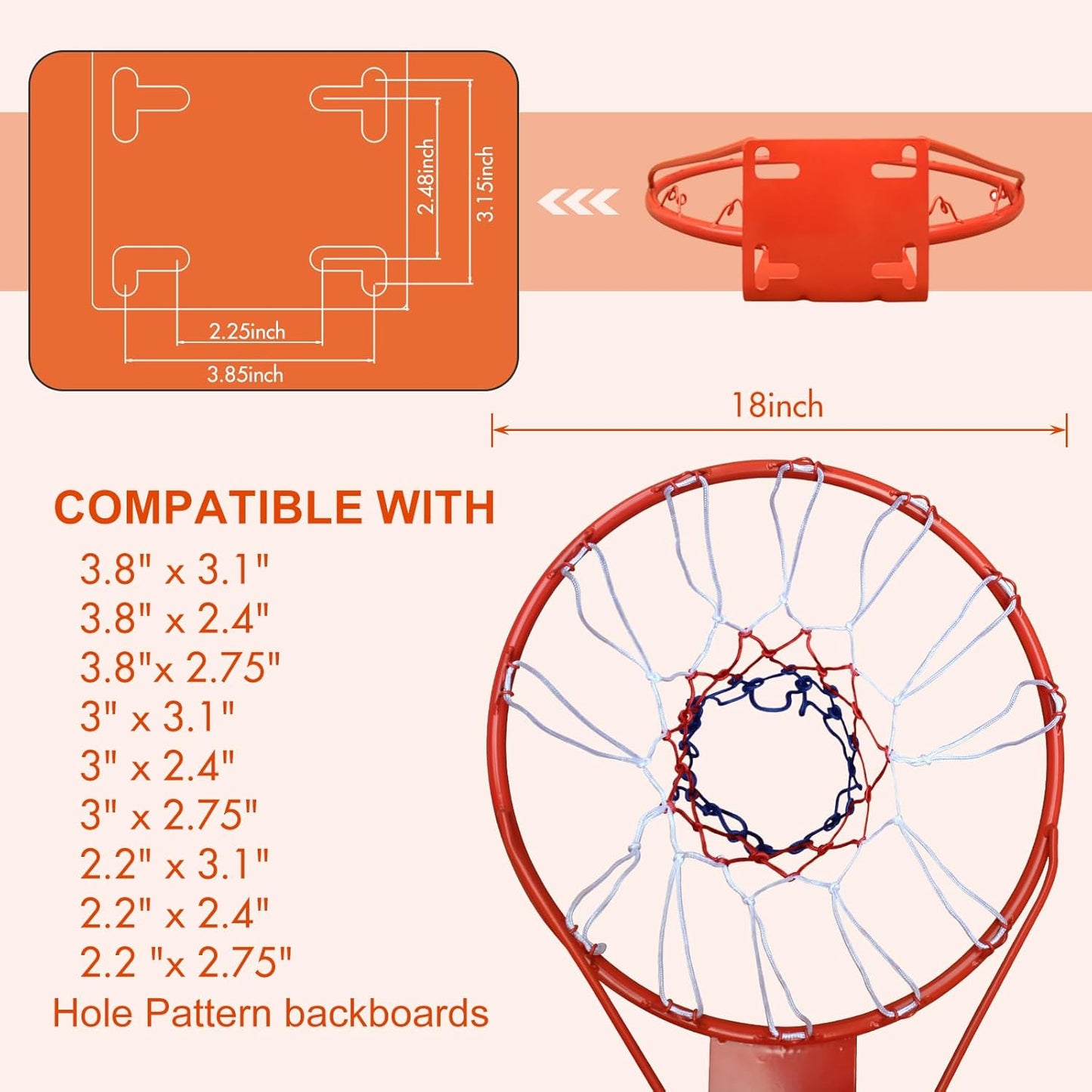 Skiennix 18-Inch Basketball Rim - Heavy Duty Solid Steel with All-Weather Net for Indoor/Outdoor Use