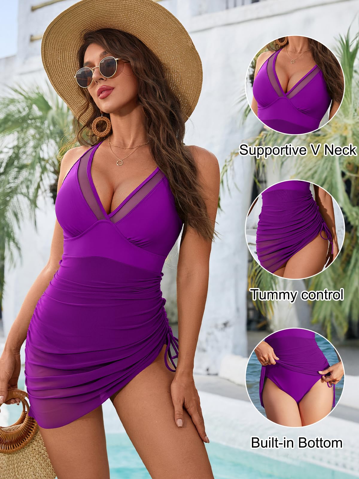 Blooming Jelly Women One Piece Swim Dress Tummy Control Swimsuits Slimming Mesh Sheer Bathing Suit (L, Purple)