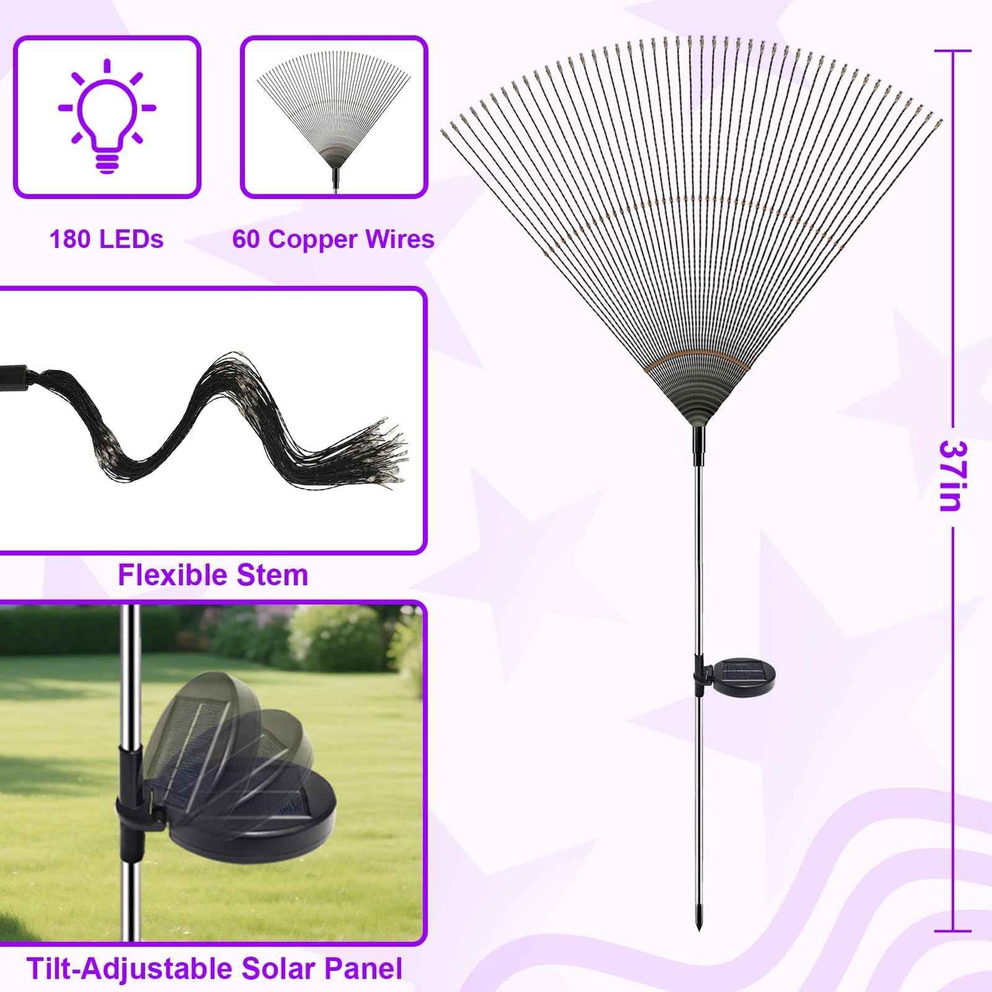 2 Pack Solar Halloween Lights Outdoor, 360 LED Orange & Purple Waterproof Solar Firework Lights with 8 Lighting Modes & Timer for Garden Yard Patio Pathway Spooky Outside Halloween Decorations