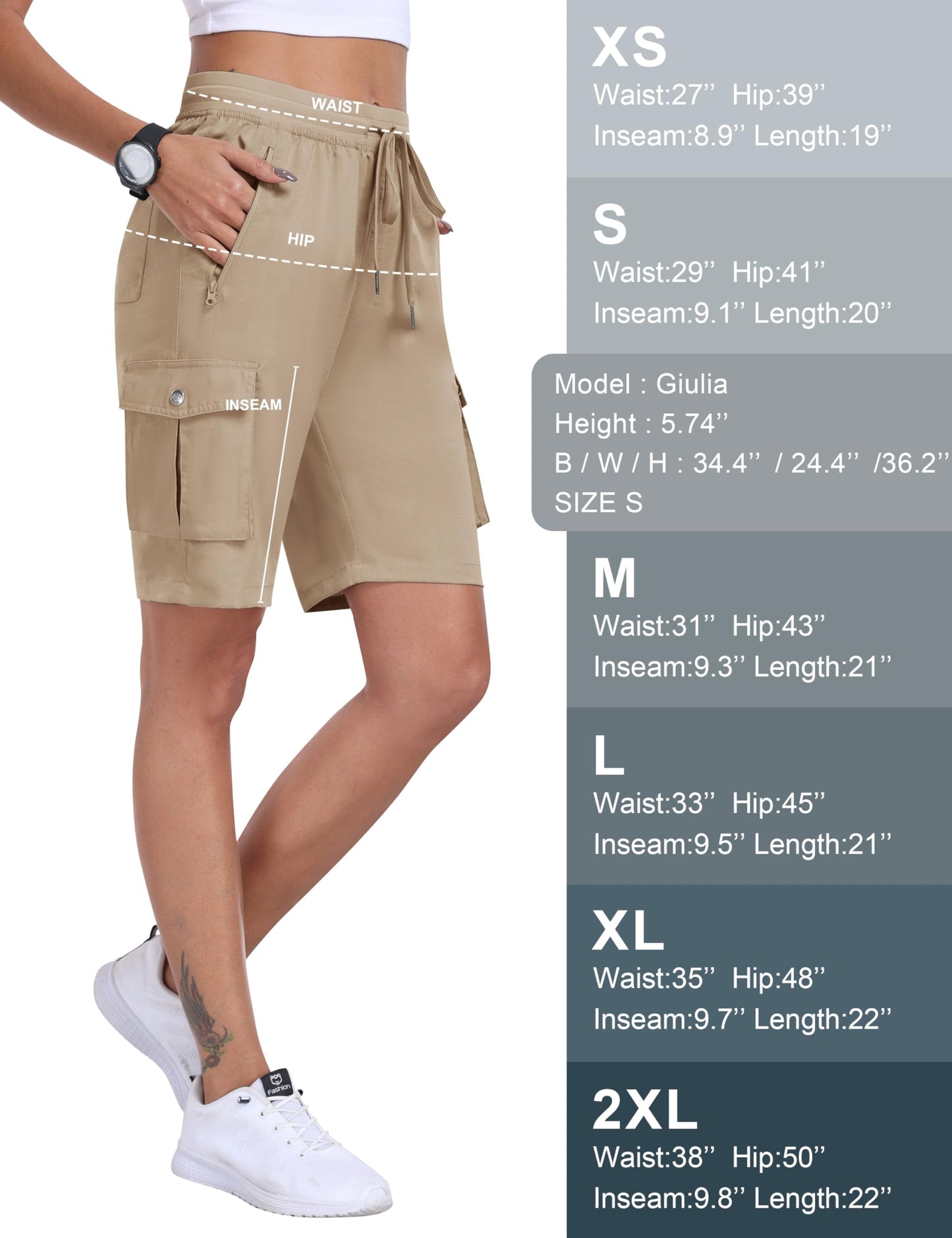 MoFiz Women's Hiking Long Shorts 10" Quick Dry Summer Cargo Shorts for Women Lightweight Knee Length Athletic Shorts with Pockets Khaki M