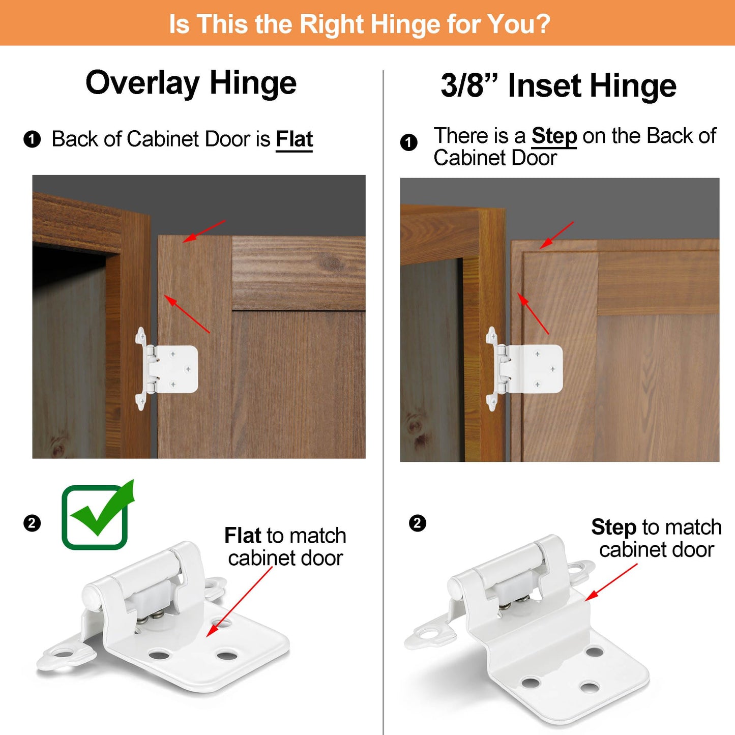 Vallecloud 4 Pack (2 Pair) White Self Closing Cabinet Hinges for Kitchen Cabinet Door, 1/2" Overlay (Variable) Semi Concealed Kitchen Cabinet Hinges
