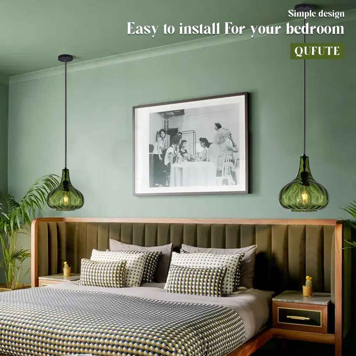 Qufute Green Glass Pendant Lighting Farmhouse Vintage Glass Globe Pendant Light Fixture, Mid-Century Modern Pendant Lamp Black Finish 9.45″ Shade for Kitchen Island Dining Room