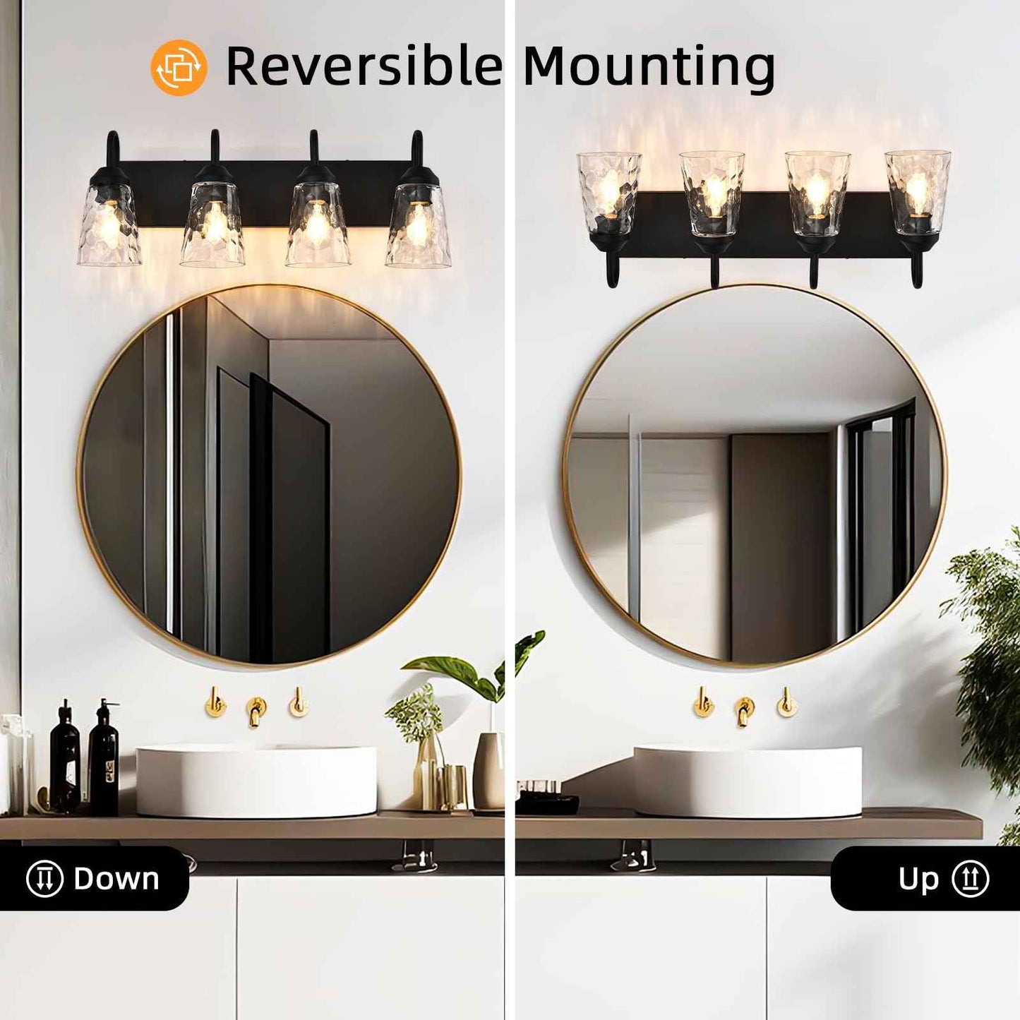 NOVCAND 4-Light Bathroom Light Fixtures, Coastal Vanity Lights with Crystal Glass Shade, Black Bathroom Wall Lamp for Mirror Kitchen Hallway Bedroom