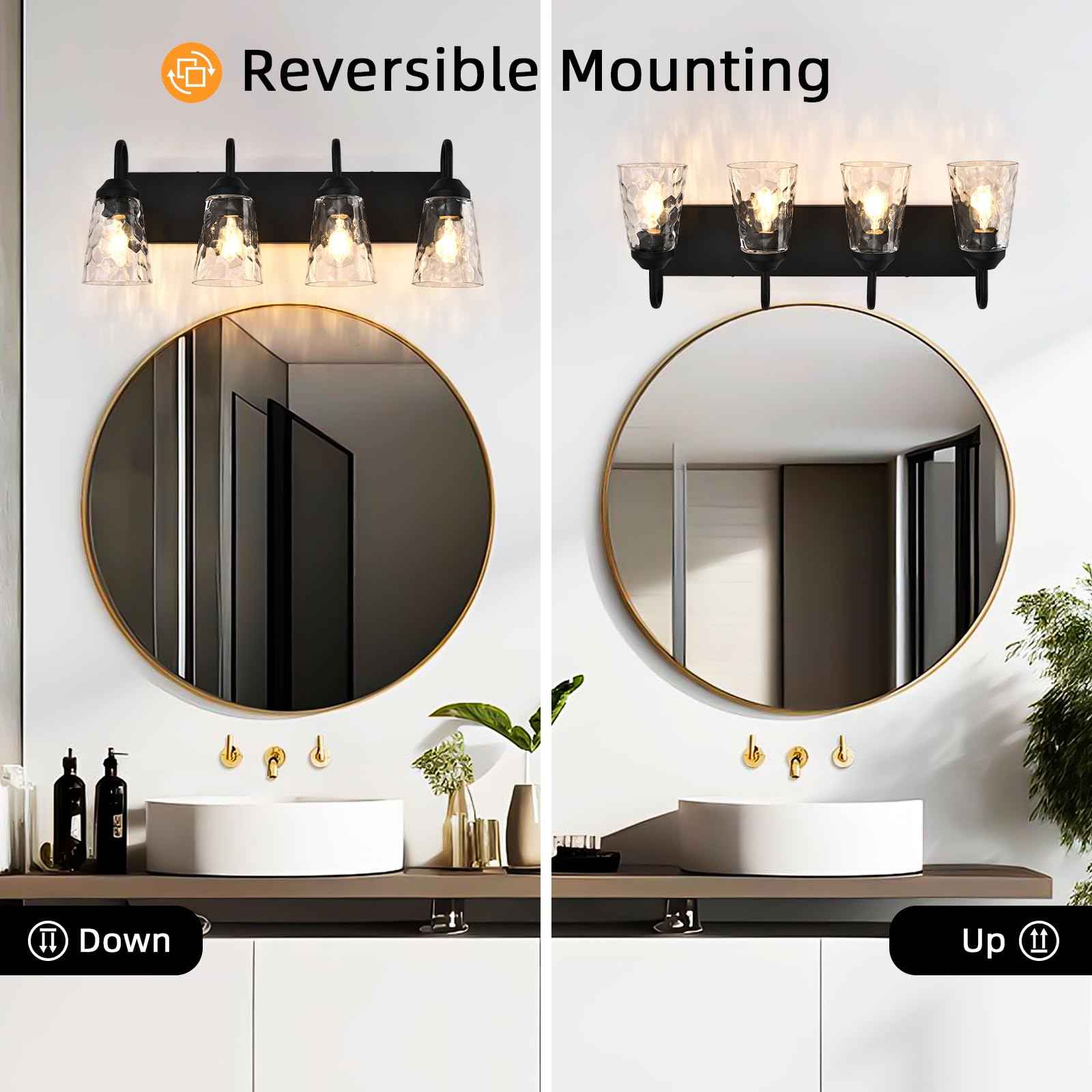 NOVCAND 4-Light Bathroom Light Fixtures, Coastal Vanity Lights with Crystal Glass Shade, Black Bathroom Wall Lamp for Mirror Kitchen Hallway Bedroom
