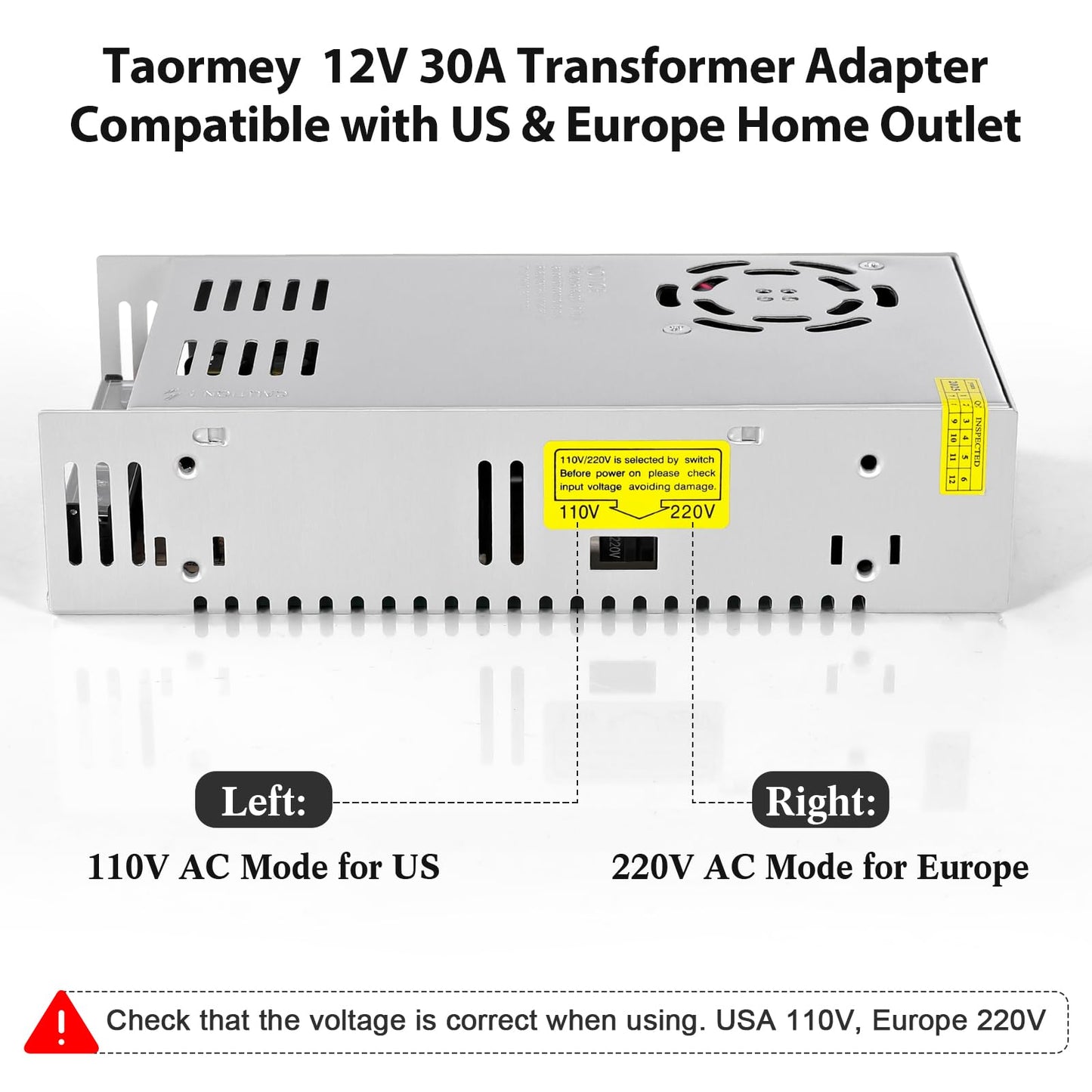 Taormey 12V 30A 360W Switching Power Supply, AC 110V/220V to DC 12V 30A Converter Universal Regulated Transformer Driver Adapter for LED Strips, CCTV Camera, 3D Printer, Industrial Equipment, Radio