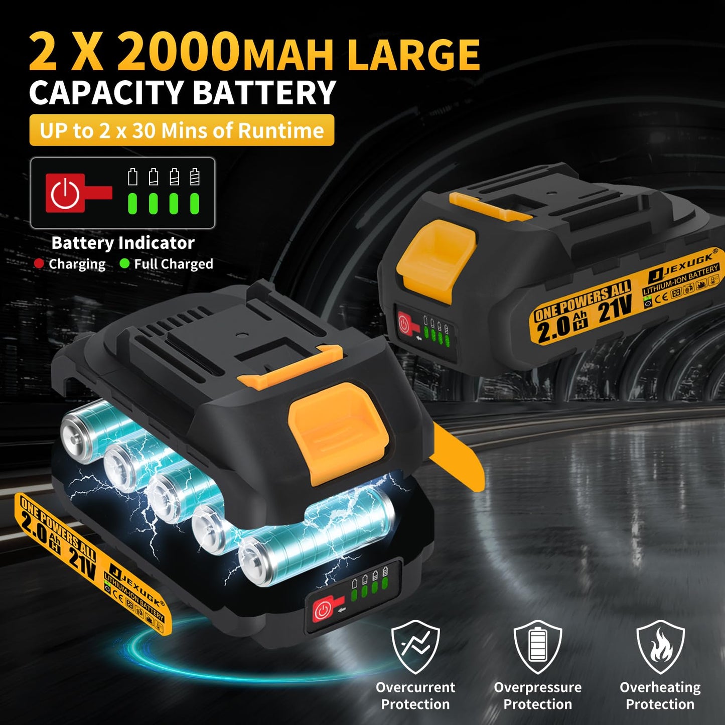 JEXUGK 120Nm Cordless Ratchet Wrench, 3/8" 89 FT-LBS Brushless Ratchet Set with 2 x 2.0A Battery, 21V Electric Matraca Electrica with Variable Speed 7Sockets,1/4" Adapter,1/2" Adapter,3" Extension Bar
