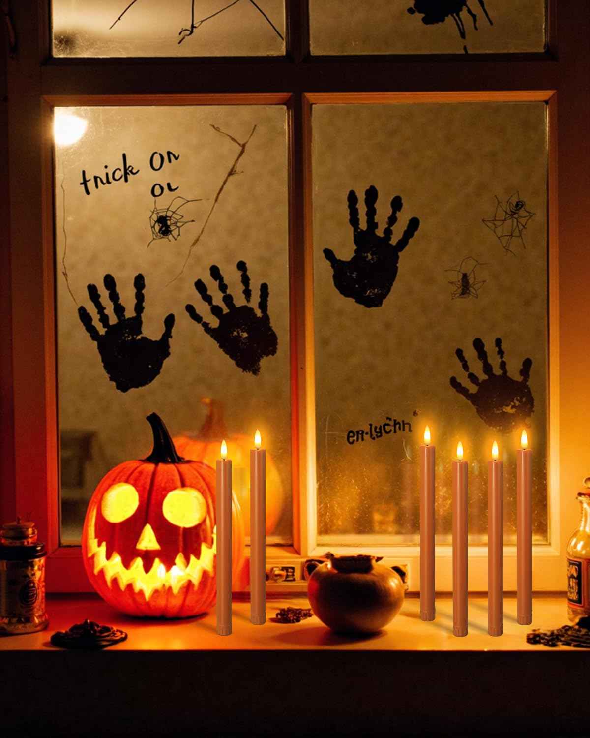 SUNGEGE Orange Flameless Taper Candles, 6 Pack, 0.78 x 9.9 Inches, LED Flickering with 2 Remotes, Battery Operated for Halloween, Fall, and Thanksgiving Decorations