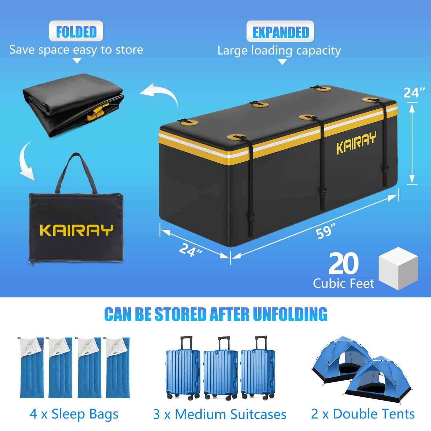 KAIRAY Heavy Duty Folding Hitch mount Cargo Carrier Load Capacity 500 Lbs 60" X 20" X 6" Trailer Fold up Luggage Basket with Stablizer Waterproof Bag Net Ratchet Straps Combination Lock for SUV Pickup