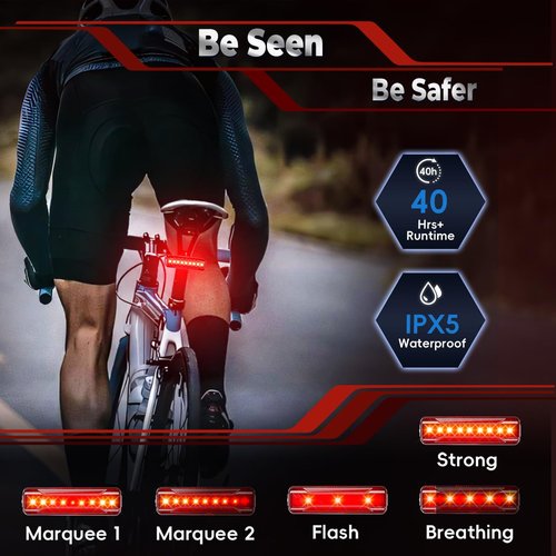 Bike Rear Light, USB Rechargeable 40H Long Runtime Taillight, Bright LED Bicycle Rear Light, 5 Modes, IPX5 Waterproof Bike Lights for Night Riding