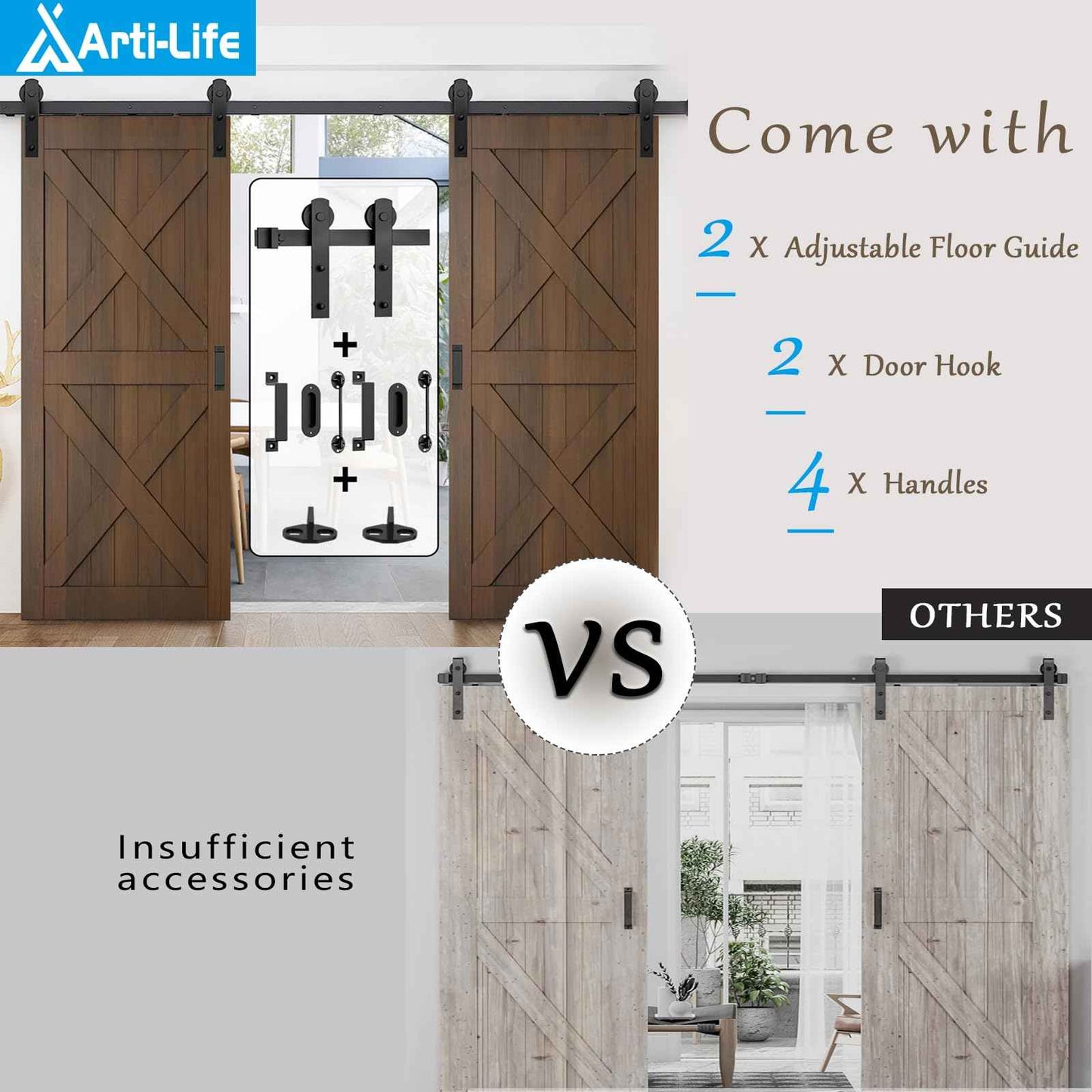 Arti-Life 12ft Heavy Duty Sturdy Sliding Barn Door Hardware Kit with Door Hook and 2 Handles, Double Door-Smoothly and Quietly, Easy to Install - Fit 1 3/8-1 3/4" Thickness & 36" Wide Door Panel