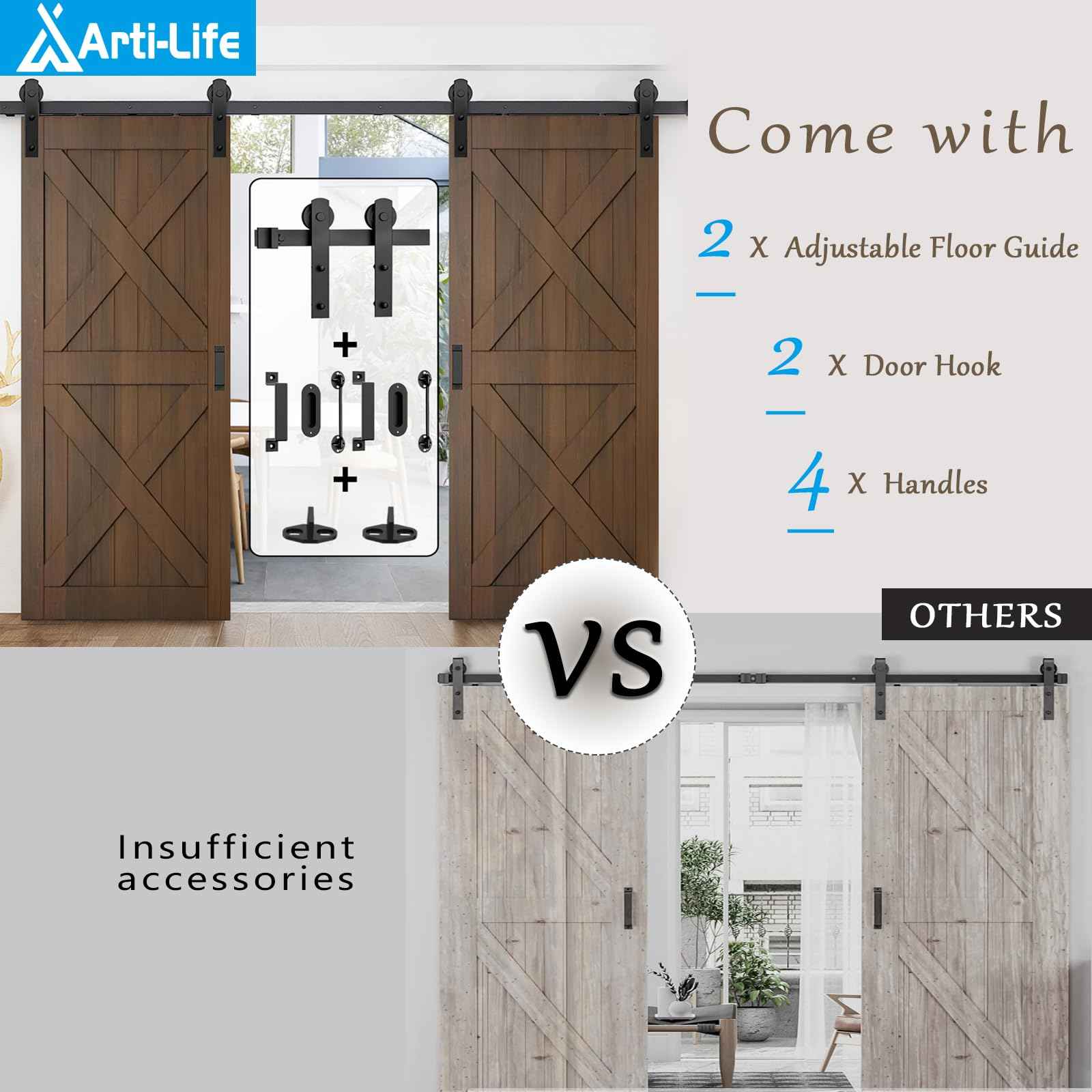 Arti-Life 12ft Heavy Duty Sturdy Sliding Barn Door Hardware Kit with Door Hook and 2 Handles, Double Door-Smoothly and Quietly, Easy to Install - Fit 1 3/8-1 3/4" Thickness & 36" Wide Door Panel