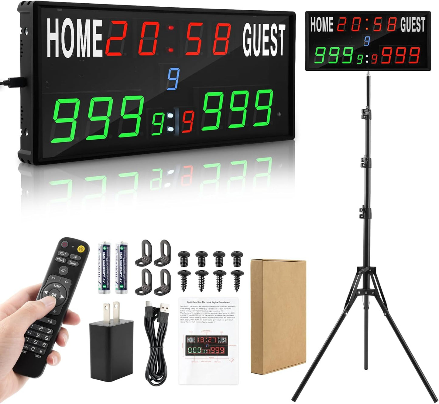 Upgraded Electronic Scoreboard - Digital Score Keeper with Remote & Tripod | Real-Time Timer for Basketball, Football, Cornhole & Table Tennis