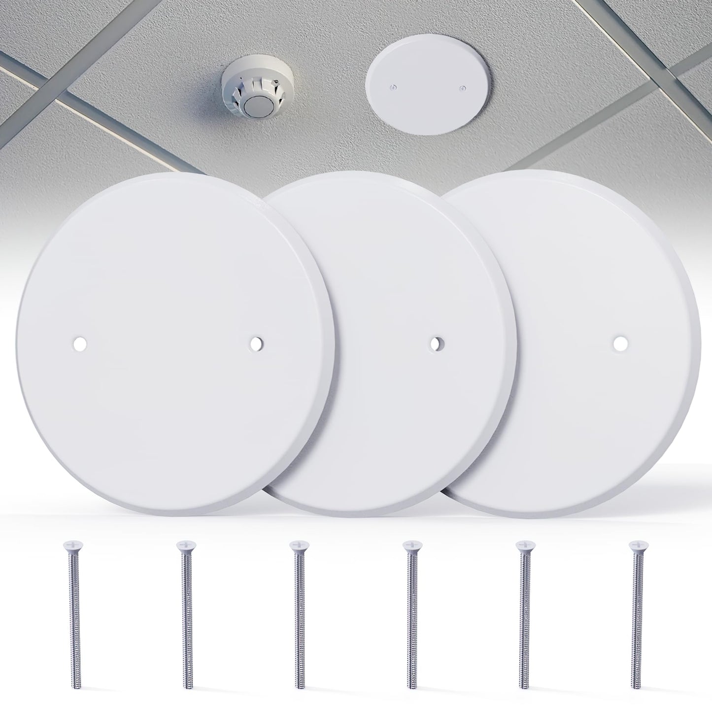 Wuno Shop 3-Pack Ceiling Cover Plate, 5 inch Round Outlet Covers Plate For 3-1/2 inch Electrical Box, Metal Blank Cleanout Cover Plate for Smoke Detector, Wall Light Hole, Hole Spacing 2.8 inch-White