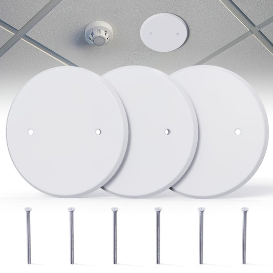 Wuno Shop 3-Pack Ceiling Cover Plate, 5 inch Round Outlet Covers Plate For 3-1/2 inch Electrical Box, Metal Blank Cleanout Cover Plate for Smoke Detector, Wall Light Hole, Hole Spacing 2.8 inch-White