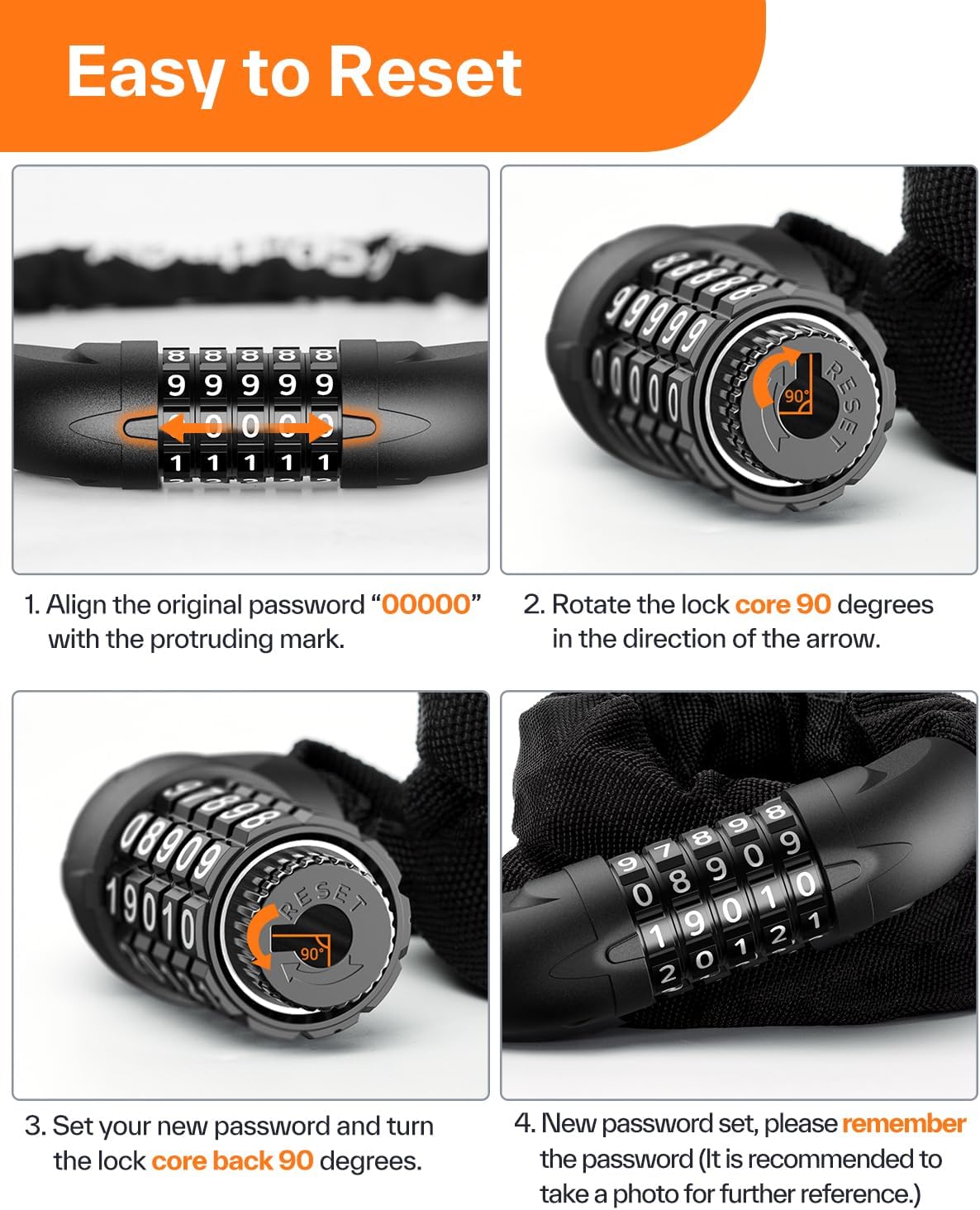 Sportneer Bike Lock - High Security 5-Digit Combination Chain Lock | 3.2/3.6/4ft Heavy Duty Keyless Design for Bikes, Motorcycles, Scooters, and Gates
