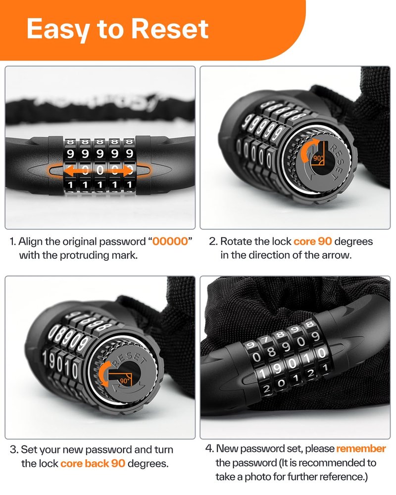 Sportneer Bike Lock: 5 Digit Combination High Security Anti Theft Bike Chain Lock - 3.2/3.6/4ft Heavy Duty Keyless Bicycle Lock for Bike Motorcycle Scooter Door & Gate - Easy to Use, Bike Accessories
