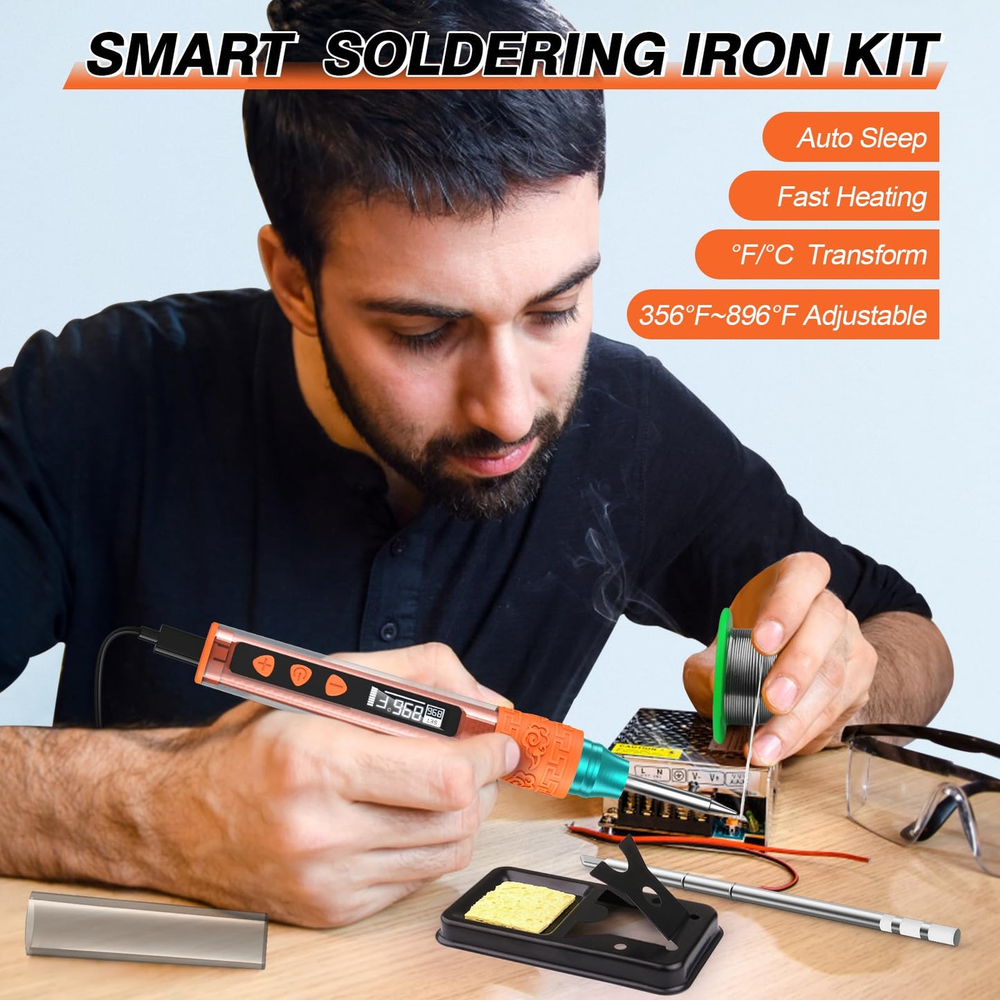 Soldering Iron Kit, Soldering Gun with OLED Digital Display, 8 Seconds Fast Heating 356-896℉ Solder Kit, Auto Sleep, Includes Solder Wire, Stand, T12 Tips for Electronics, Orange(With Power Adapter)
