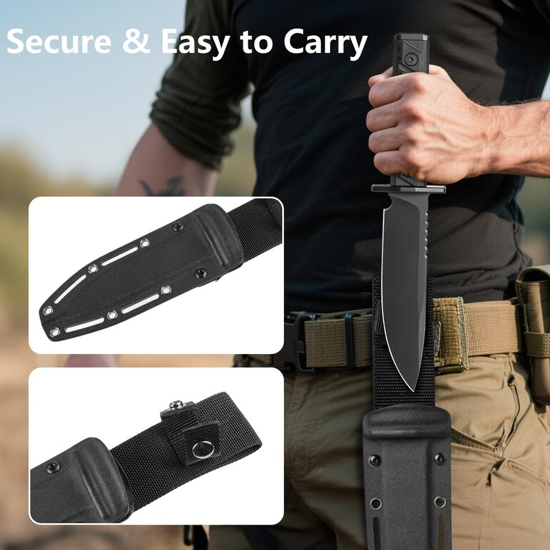 0006 Fixed Blade Knife with Kydex Sheath, 5.9 inch CPM 3V Drop Point Blade with Black G10 Handle, Full Tang Fixed Blade Survival Hunting Knife, for Outdoor, Camping and Hunting