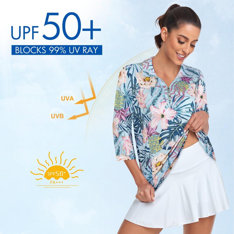 Tanst Sky 3/4 Sleeve Golf Shirts for Women, Women's Workout Tops Half Zip Ladies Trendy Polo with Collar Tennis Running Hiking Yoga Outfits Quick Dry Workout Activewear Floral Blue Large
