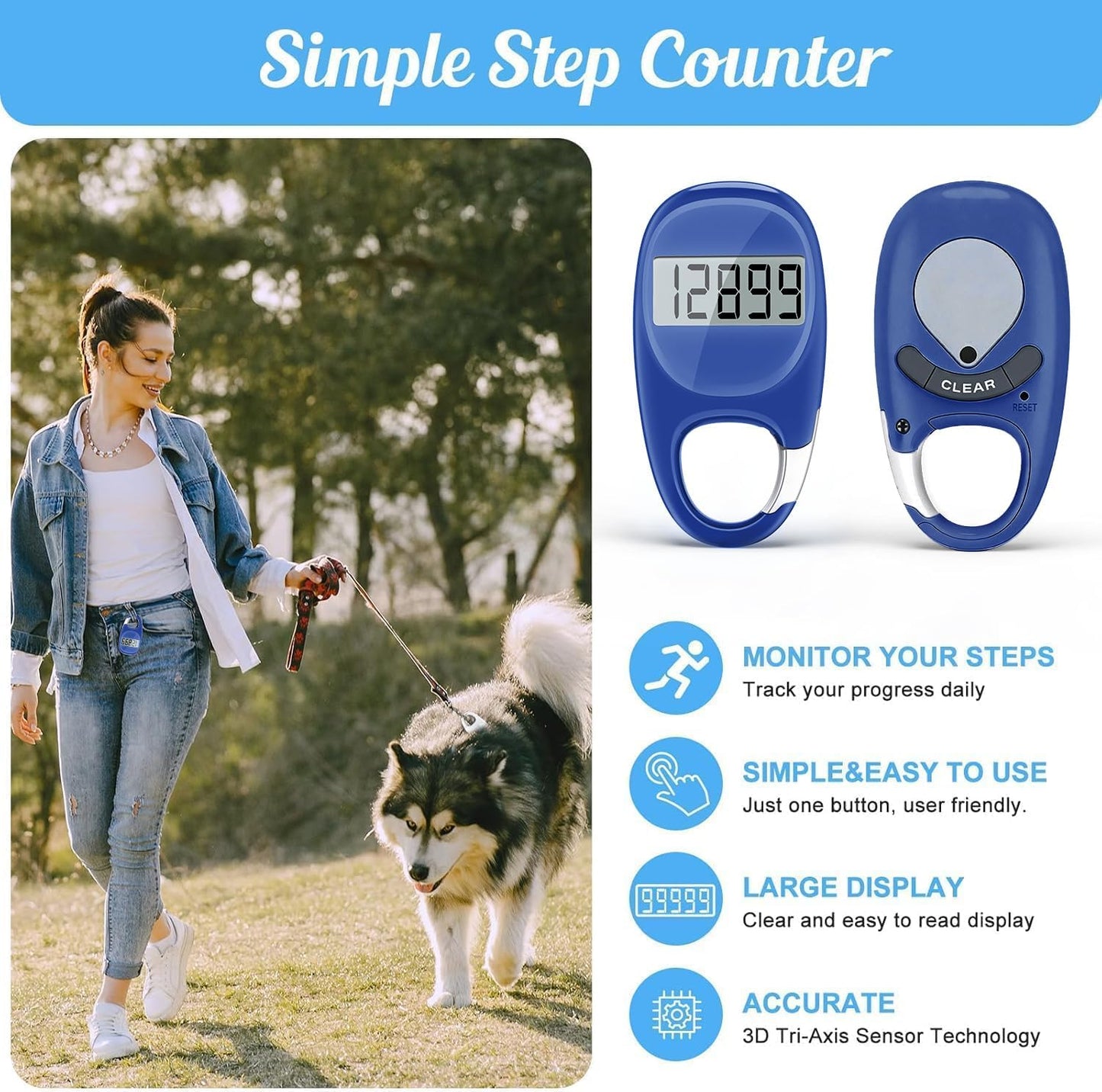 Simple Pedometer for Walking, Accurate Step Tracker with Carabiner, 3D Step Counter for Men Seniors