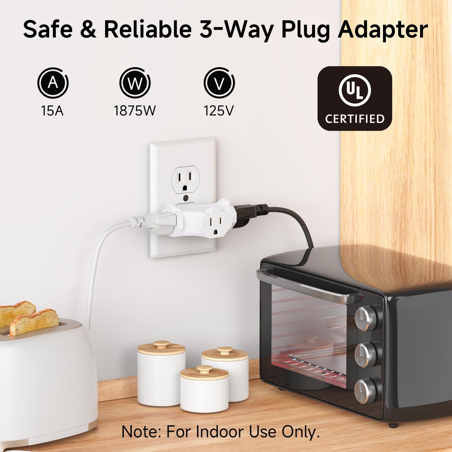 [UL Listed] Cable Matters 3-Pack 3 Way Plug Adapter 15A 1875W, 3 Prong 3 Outlet Adapter, Power Splitter Plug Outlet, 3 Way Electrical Splitter, White