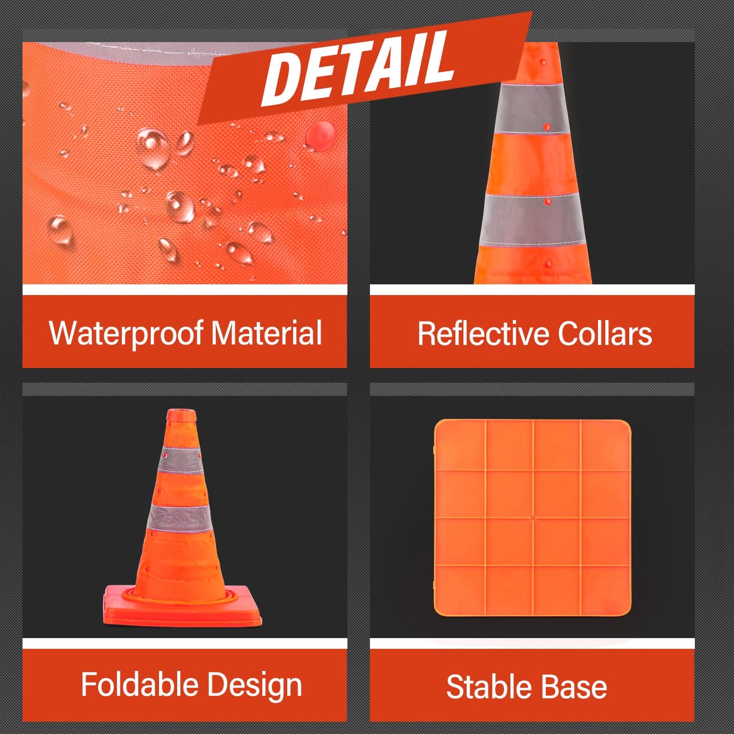 RoadHero Traffic Cones - 18 Inch Collapsible Orange Cones with Reflective Collar | 8 Pack for Road Safety & Sports