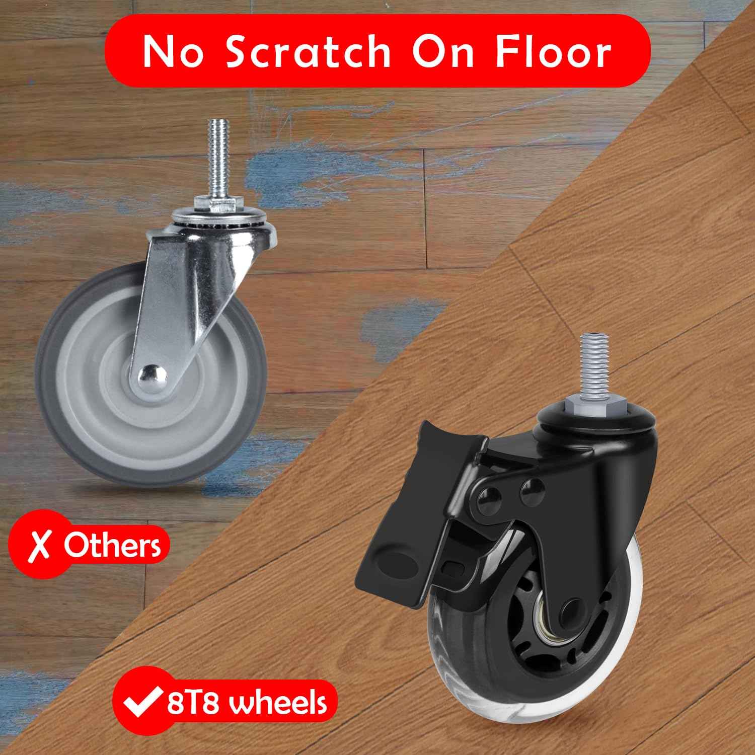 8T8 3 Inch Rubber Caster Wheels Heavy Duty with Brakes, 3/8"-16 x 1 Threaded Stem Casters Set of 4 (Screw Diameter 3/8", Length 1"), Quiet and Smooth Rolling Castors for Furniture Hardwood Floors