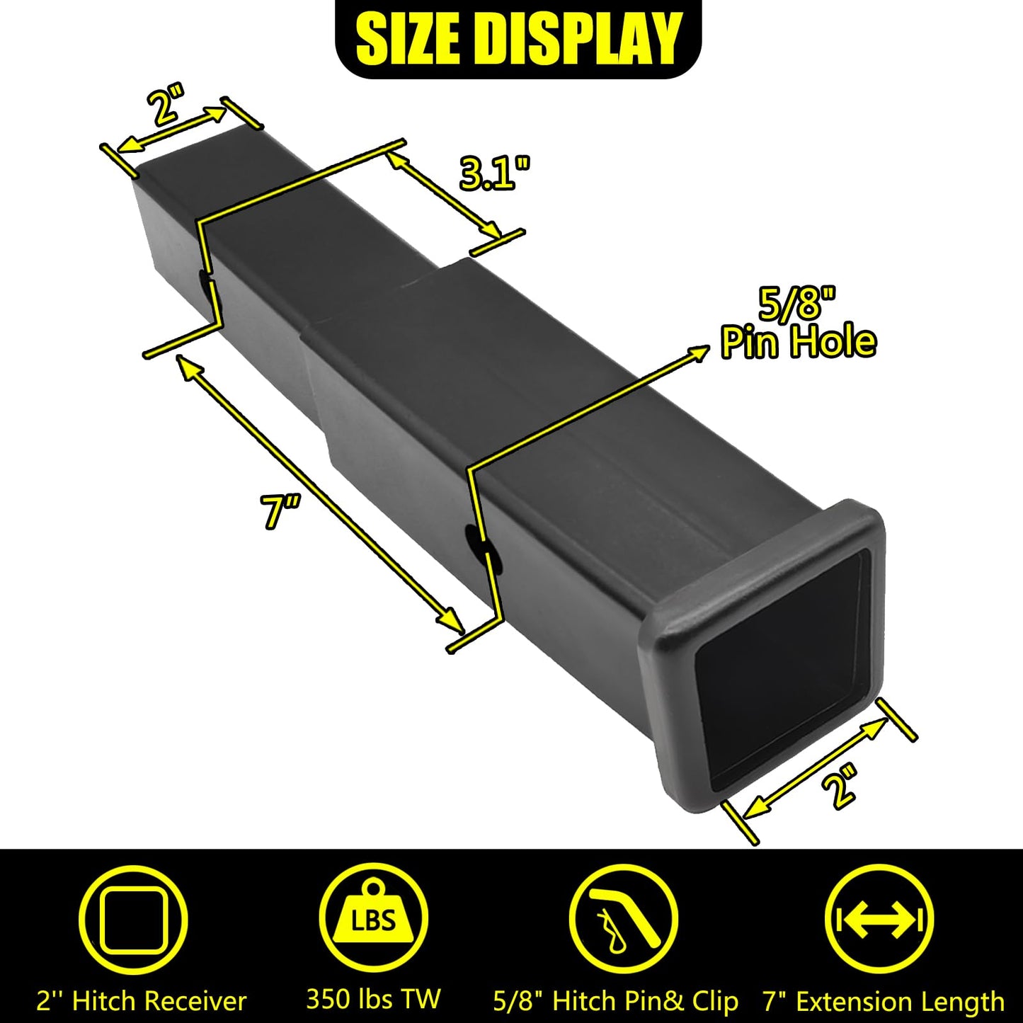 KAIRAY Trailer Hitch Extension, 2 Inch Receiver Tube Extender, 7 Inch Extension Length, with 5/8 Inch Hitch Pin and Clips, 3500 lbs GTW