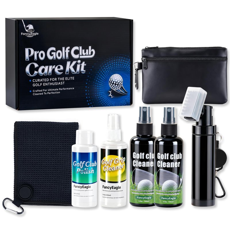Golf Club Cleaning Kit with Club Cleaner, Grip Cleaner, Polish, Brush, Magnetic Golf Towel & Leather Bag | Restores Clubs, Removes Rust & Scratches, Renews Grip Tackiness, Premium Gifts for Golfers