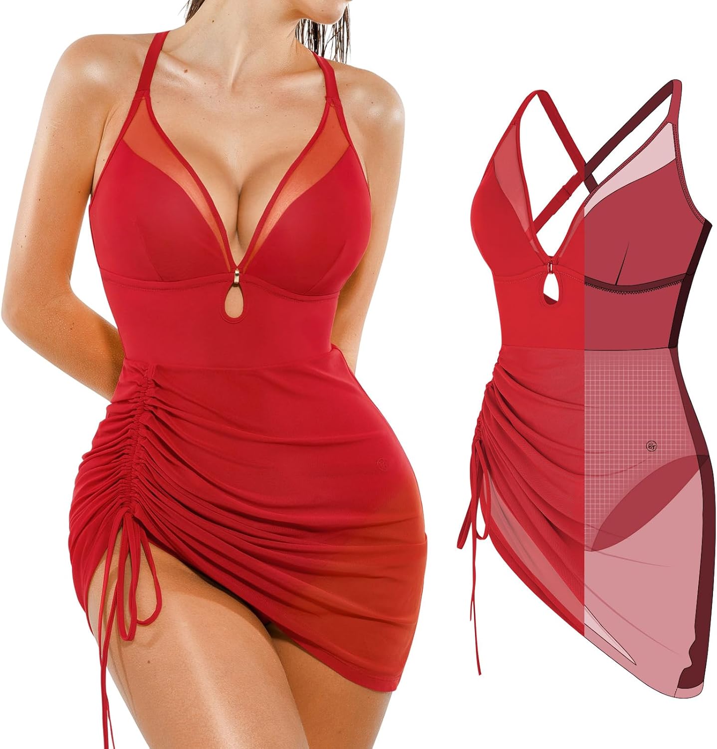Popilush One-Piece Swim Dress for Women - Tummy Control & Slimming Mesh Sarong Wraps