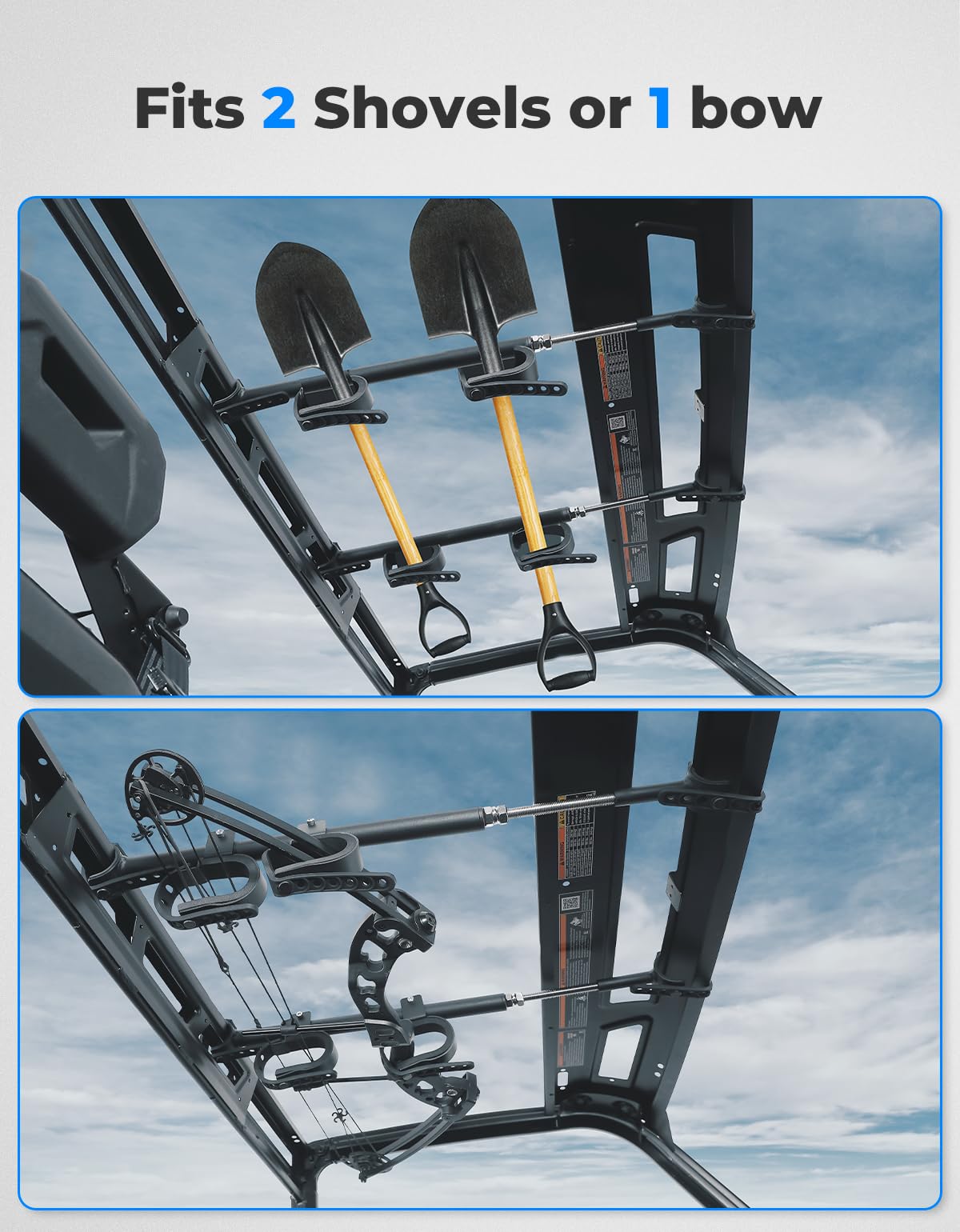 KEMIMOTO UTV Overhead Tool Holder Rack, Hunting Tool Holder Rack Roof Mounted Tool and Bow Rack for 23 in - 32 in Roll Bars Depth (Front to Back) Compatible with Polaris Ranger, Mule, Uforce