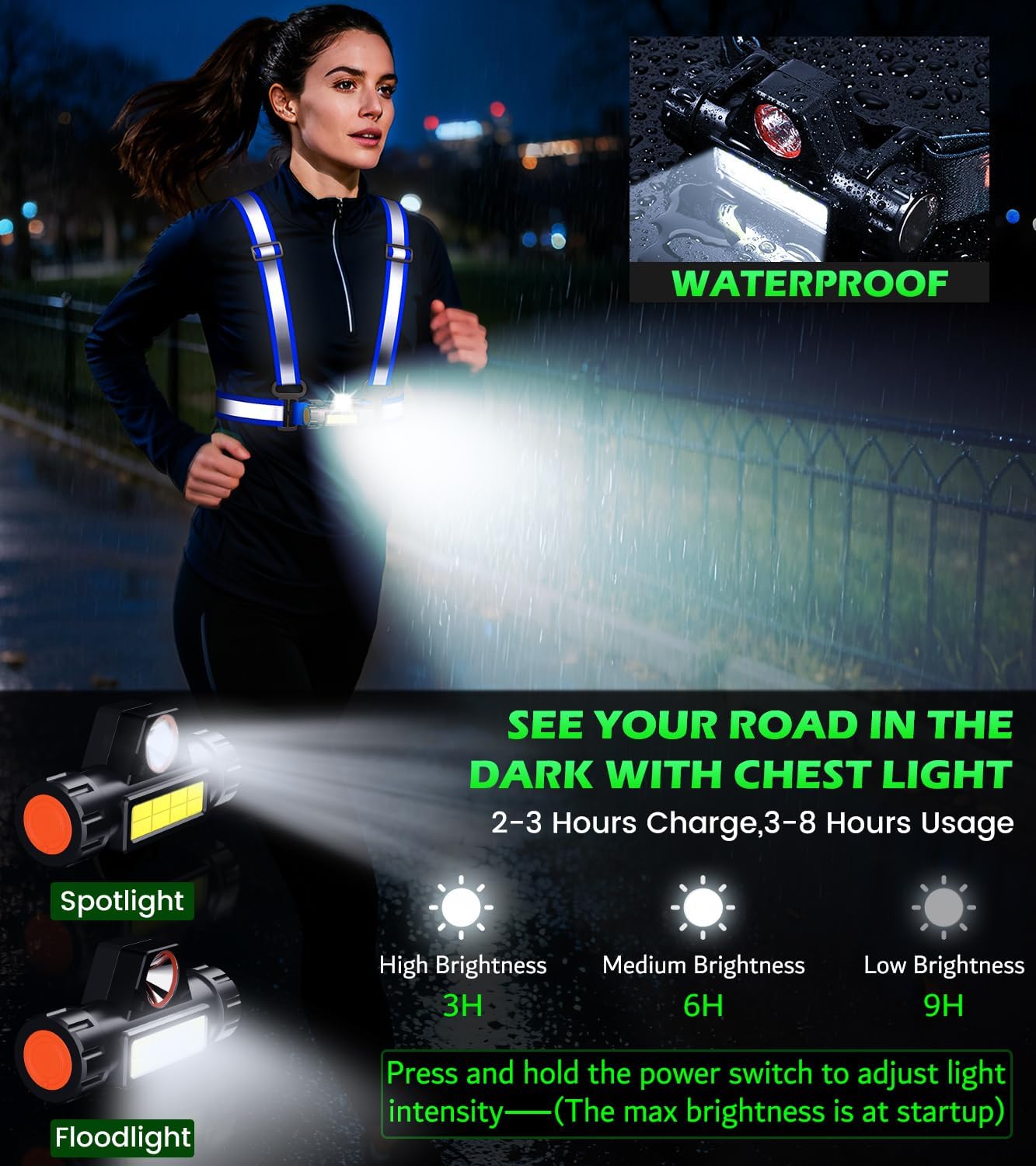 Skiennix LED Reflective Running Vest - 90° Adjustable Rechargeable Chest Light for Night Safety