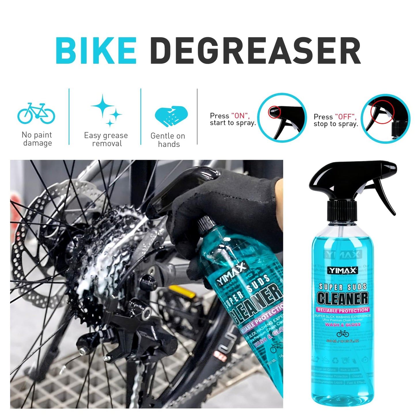 YIMAX Bike Cleaner, 500ML - Fast-Action, Biodegradable Bicycle Cleaning Spray 120ml Chain Lube Brushes And Sponge 8 In 1 Bicycle Cleaning Kit Safe on All Surfaces and Suitable for All Types of Bike.