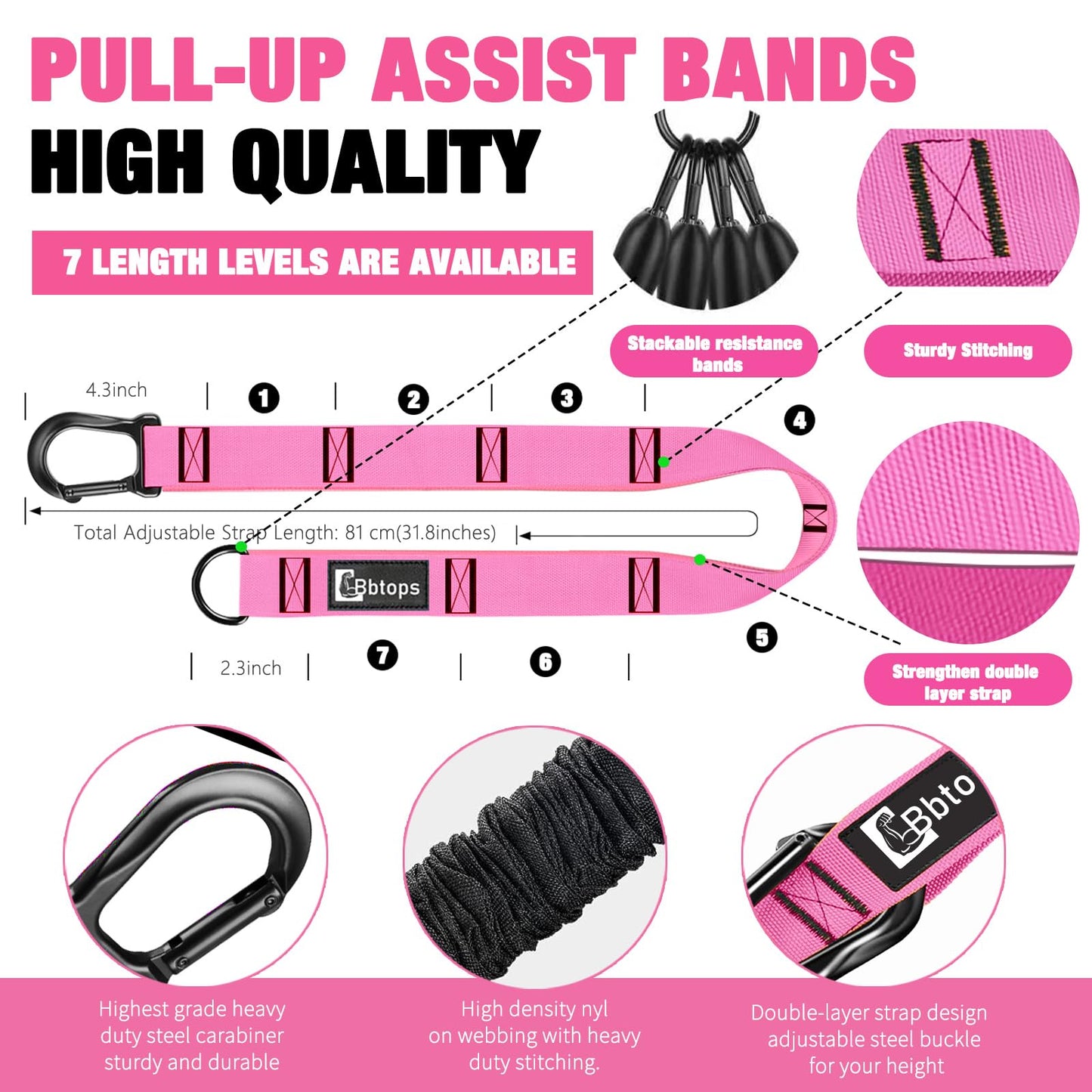 Pull Up Assistance Bands,Up to 300 lbs Assistance,Adjustable Heavy Duty 4 Pull Up Bands with Handle and Door Anchor for Home Gym Fitness Exercise Strength Training Workout Equipment Pink