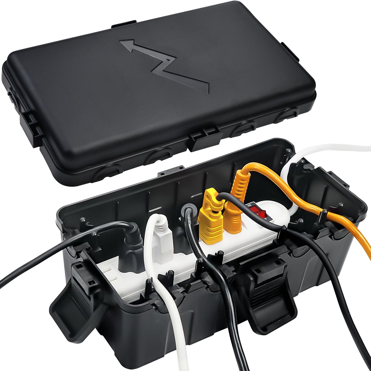 Hrensaw Medium Outdoor Electrical Box(10.6x5.5x4.5inch),IP54 Waterproof Extension Cord Cover w/6 Cable Entry,Weatherproof Connection Box Protect Power Strip,Timer,Plug,Holiday Lights,Black