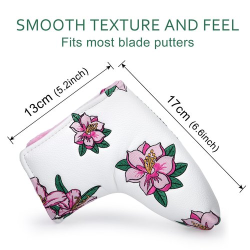 Golf Putter Cover Blade Putter Headcover Azalea Embroidery Golf Club Covers Leather Golf Blade Putter Cover with Magnetic Fit Most Brand (White)