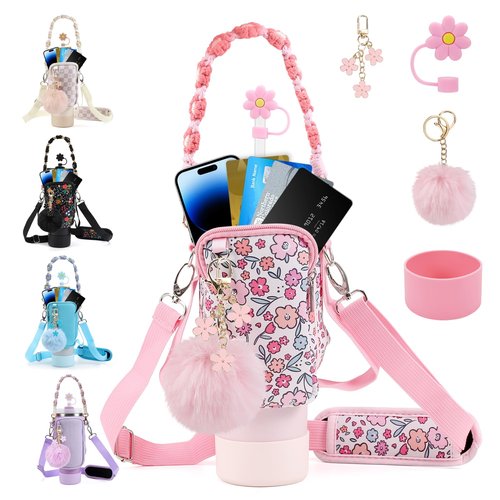 3tyto Stanley Cup Accessories Set Including Water Bottle Carrier Bag,Water Bottle Holder With Strap,Straw Cover,Stanley Charms,Silicone Boot for Stanley 40oz 30oz Tumbler (Pink Floral)