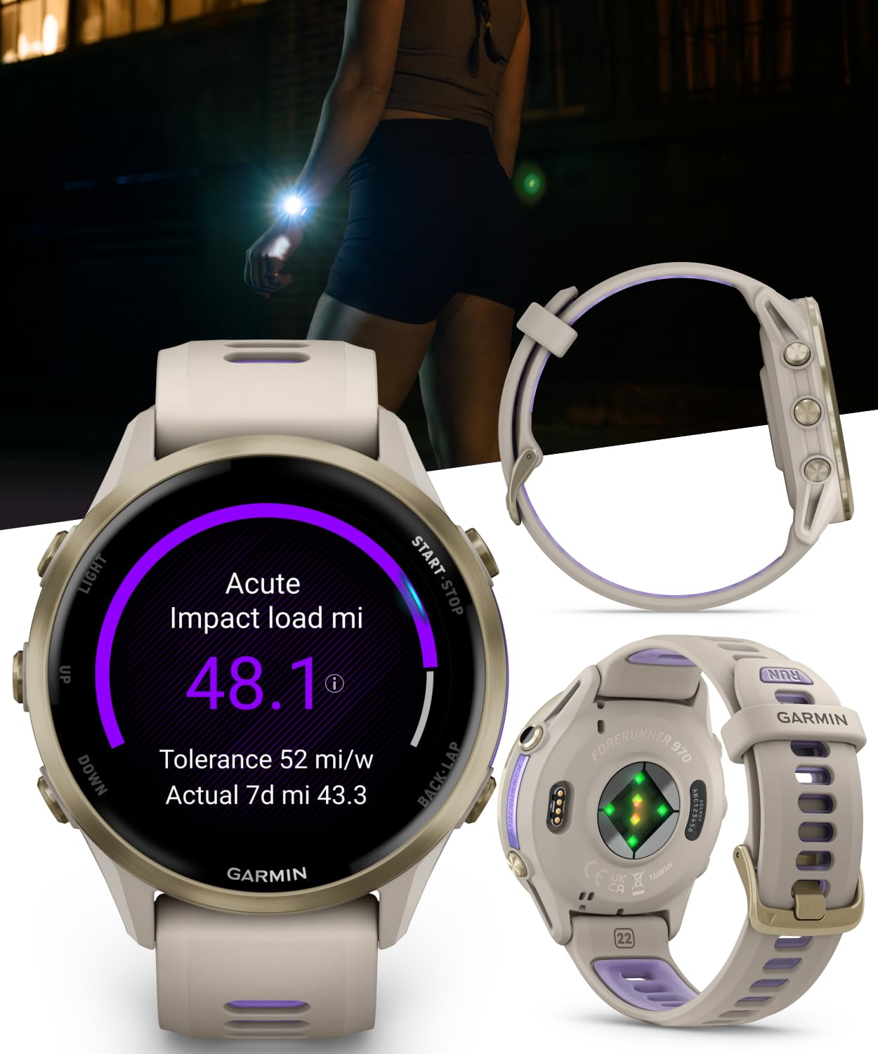 Wearable4U Garmin Forerunner 970 Soft Gold Titanium Smartwatch with French Gray Case and French Gray/Translucent Indigo Band, AMOLED Display with Garmin HRM 600 S Power Bank Bundle