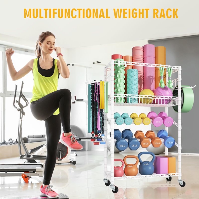 FUTASSI S3 Dumbbells Rack Storage Rack, Rolling Home Gym Weight Organizer Rack, Yoga Mat Storage and Workout Equipment Organizers for Gym Studio, Max Load 500 LBS, 34.6"W x 11.8"D x 48.6"H, White