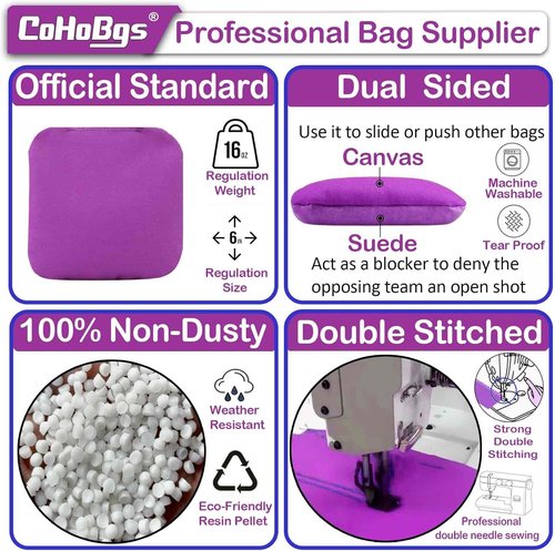 CoHoBgs Cornhole Bags Set of 8 - Professional Dual-Sided Slick & Stick Resin-Filled Suede | Includes Carry Case