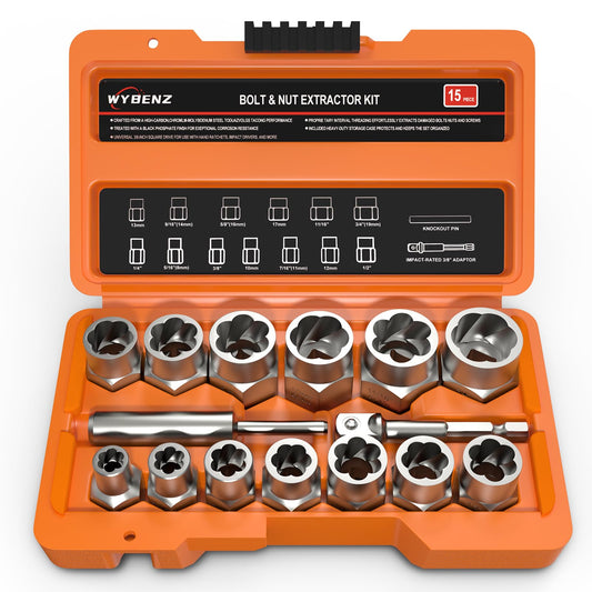 15 PCS Bolt Extractor Set, 3/8" Drive Impact Bolt & Lug Nut Remover Socket Tool Kit, Stripped Bolt Extractor Socket Set For Broken,Damaged, Frozen, Studs, Rusted, Rounded-Off Bolts, Nuts & Screws