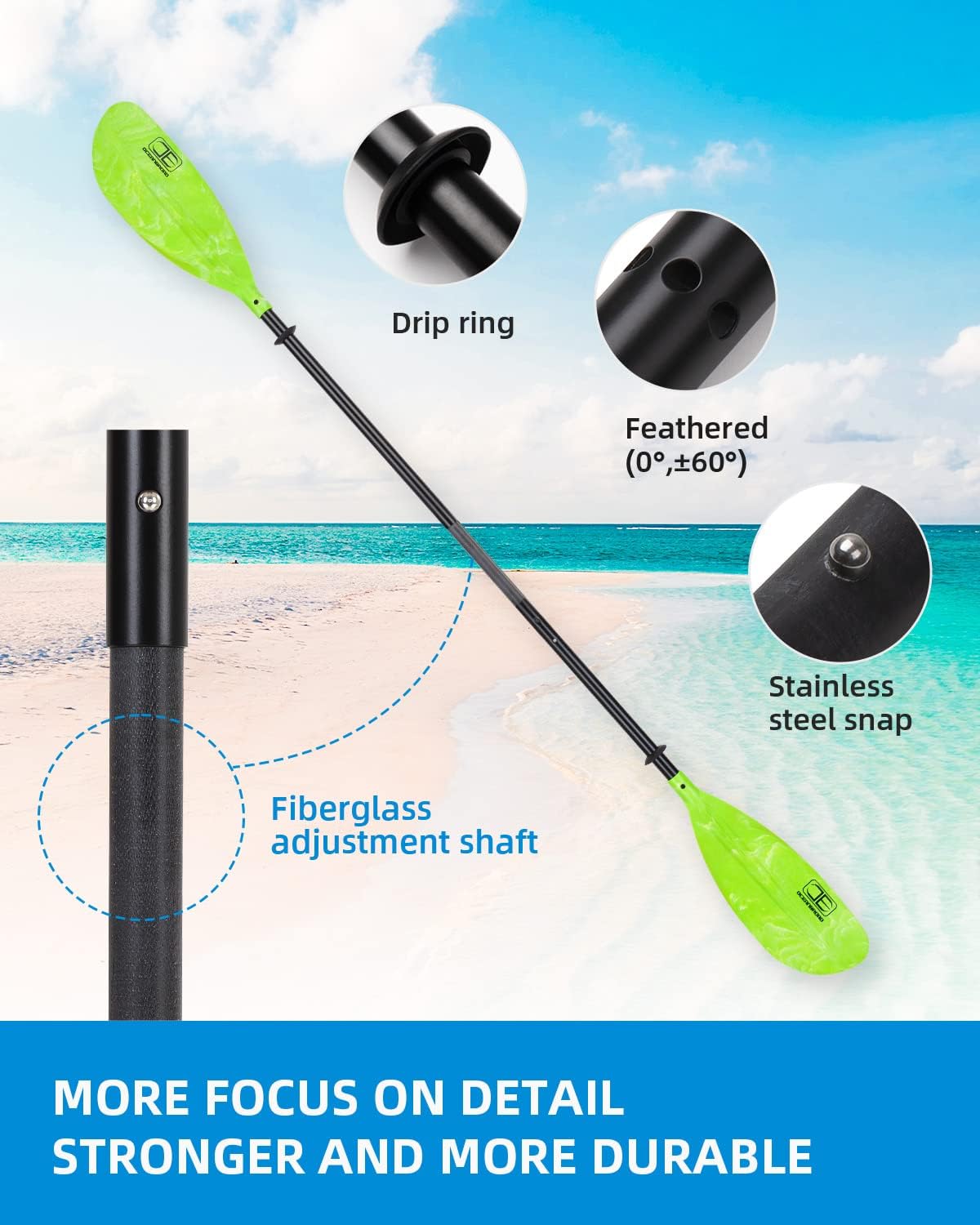OCEANBROAD Adjustable Kayak Paddle - 86in to 94in | Lightweight Boating Oar with Paddle Leash
