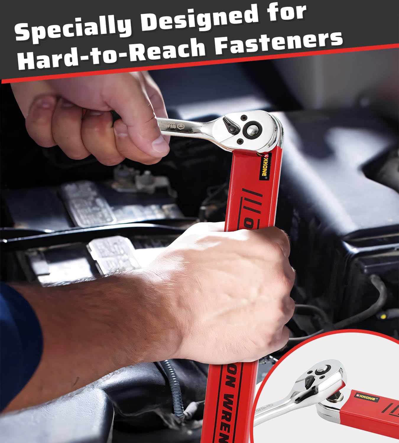 XKONE Offset Extension Wrench Set,15.4" Wrench with 1/4",3/8",1/2" Square Drive Adapters and 1/4" Socket forTight Spaces.