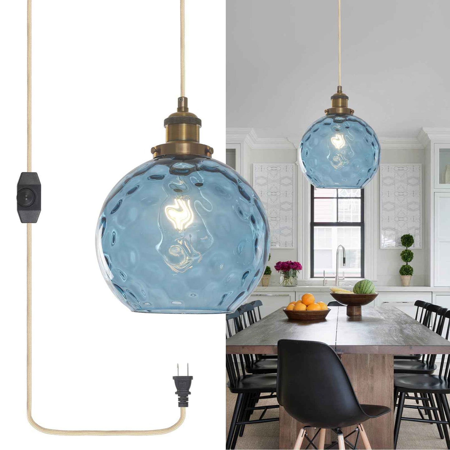 Bedoxin Plug in Pendant Light, Handblown Glass Pendant Light with Dimmable Switch Hanging Lights with Plug in Cord 15ft, Hanging Lamp Plug in for Dining Living Room Kitchen Island Bedroom