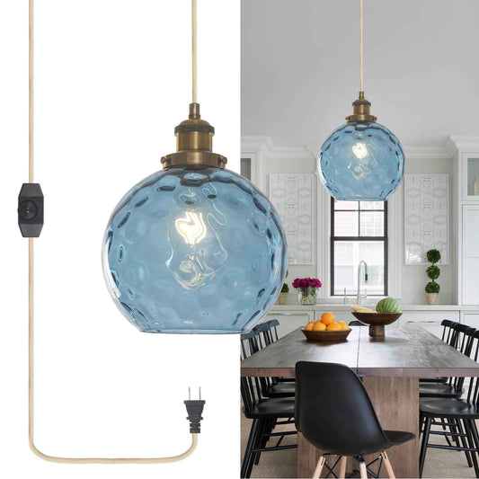 Bedoxin Plug in Pendant Light, Handblown Glass Pendant Light with Dimmable Switch Hanging Lights with Plug in Cord 15ft, Hanging Lamp Plug in for Dining Living Room Kitchen Island Bedroom