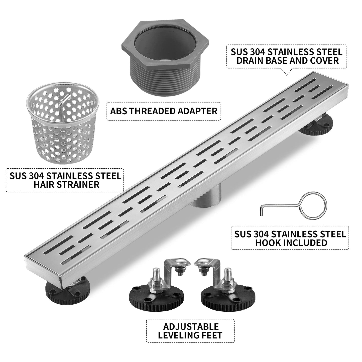 BAUNVB Linear Shower Drain, Brushed Nickel Shower Drain 36 Inch with Removable Grate, SUS-304 Stainless Steel Rectangle Floor Drain with Leveling Feet and Hair Strainer, Bathroom Modern Drain SD-101