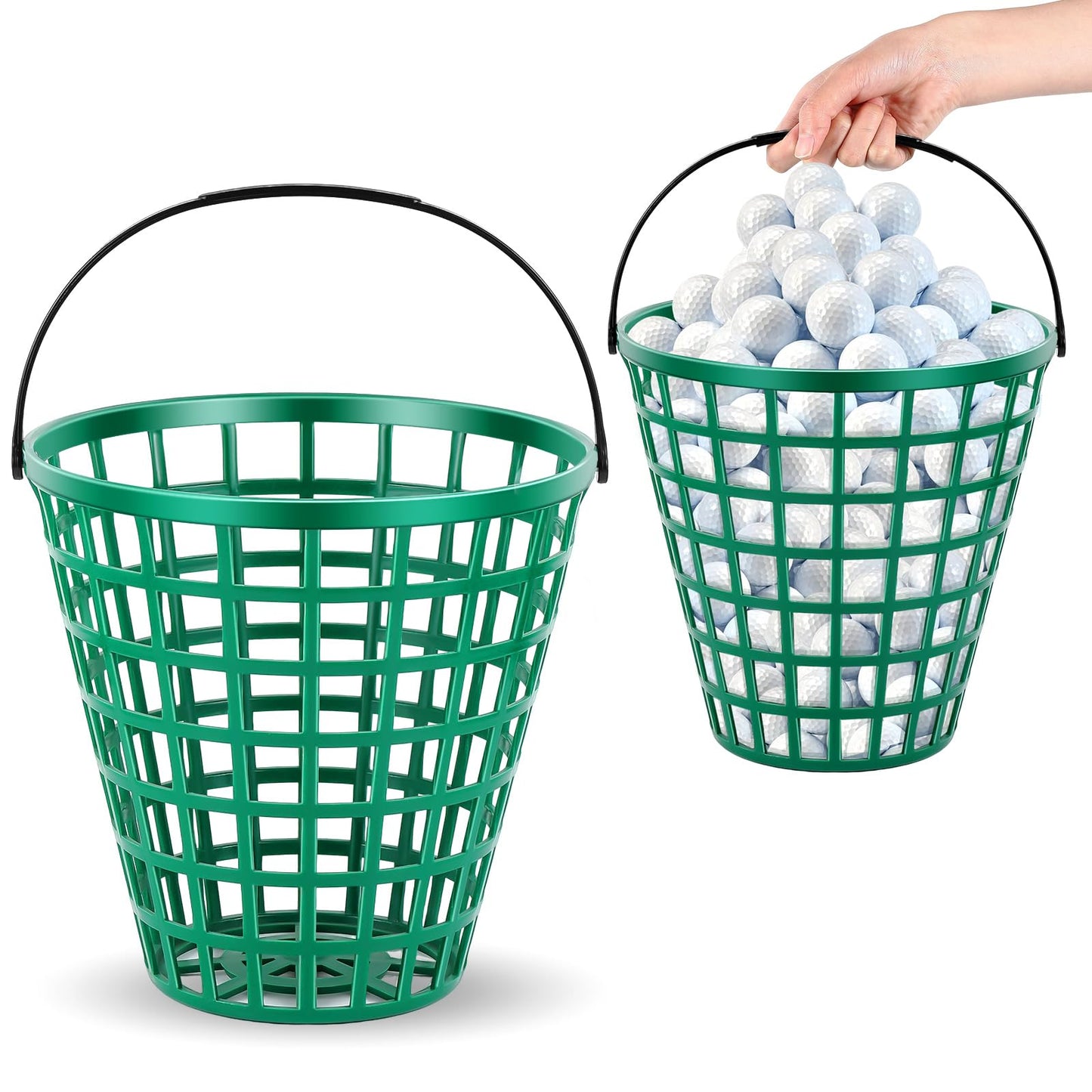 Halloscume 2 Pcs Golf Ball Basket, Small/Large Can Hold 50/75/100 Balls Golf Container with Handle Holder Contain Stadium Accessories Storage Bucket for Sport Practice (8.7 x 8.7 Inch,Green)