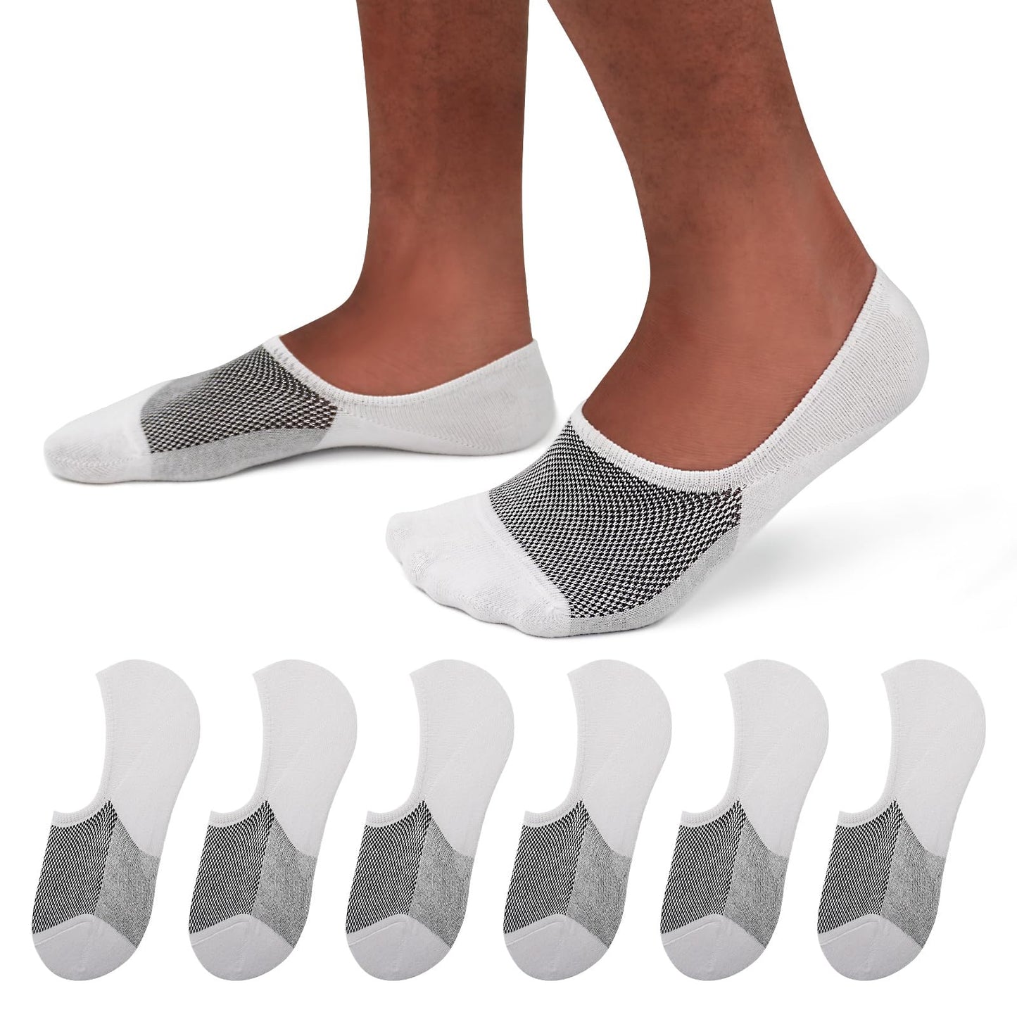 SIXDAYSOX White No Show Socks Men 6 Pairs Low Cut Invisible Cotton Socks Non Slip Liner Socks for Loafer Sneakers Casual Shoe Size 10-13
