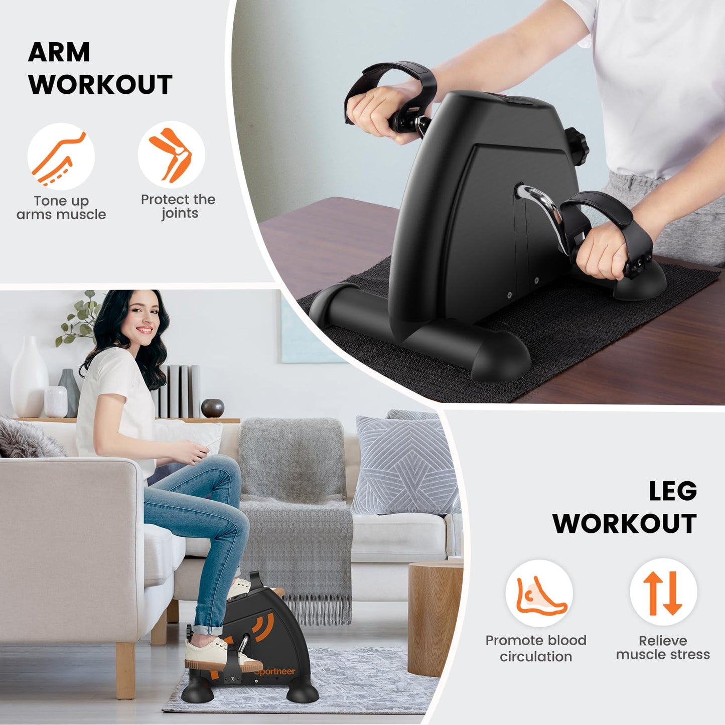Sportneer Under Desk Bike Pedal Exerciser: Mini Exercise Bike Portable Peddler Sitting for Seniors with LCD Display Arm & Leg Bike Pedals Exerciser with Anti-Skid Mat for Home Office Black Orange
